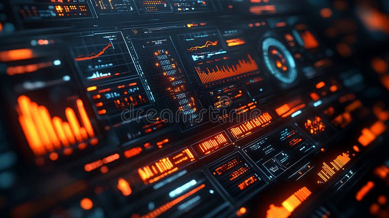 Futuristiskt instrumentpanelsgränssnitt med fallande diagram och datapaneler som visar komplex information för modern teknik royaltyfri illustrationer