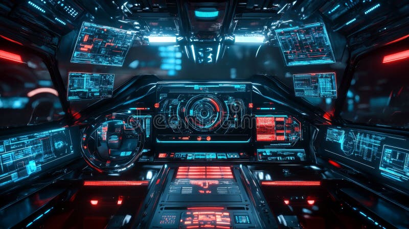 Futuristiskt instrumentpanelsgränssnitt med Vibrant HUD Elements and Lights. Utforska ett framtida instrumentpanelsgränssnitt med klara HUD-element och dynamiska ljus. Perfekt för vetenskapsteman och högteknologiska begrepp
