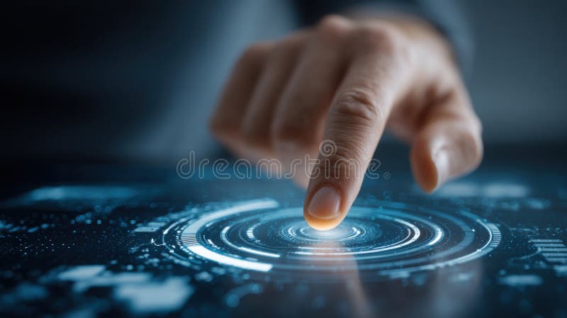 Futuristiskt instrumentpanelskoncept med pekande finger-cirkulär knapp för gränssnittsdesign för hjälpstyrda målkartor vektor illustrationer