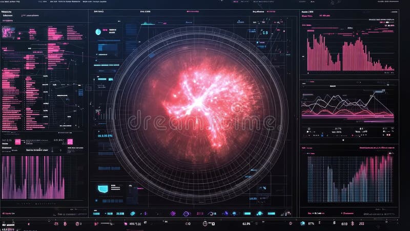 Futuristiskt nav med roterande röd energikälla och diagram för dataanalys vektor illustrationer