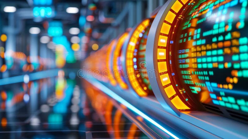 Futuristiskt serverrum med rader med belysta dataserver och ljusstyrda ljus i ett modernt datacenter. Den här bilden visar ett futuristiskt serverrum med rader med belysta dataserver och ljusstyrda ljus. servrarna ordnas i ett exakt rutmönster som skapar en känsla av ordning och effektivitet. De ljusa lamporna skapar en känsla av energi och aktivitet som antyder att servrarna ständigt bearbetar information. Bilden är en generativ och fantastisk representation av modern teknik och datalagring