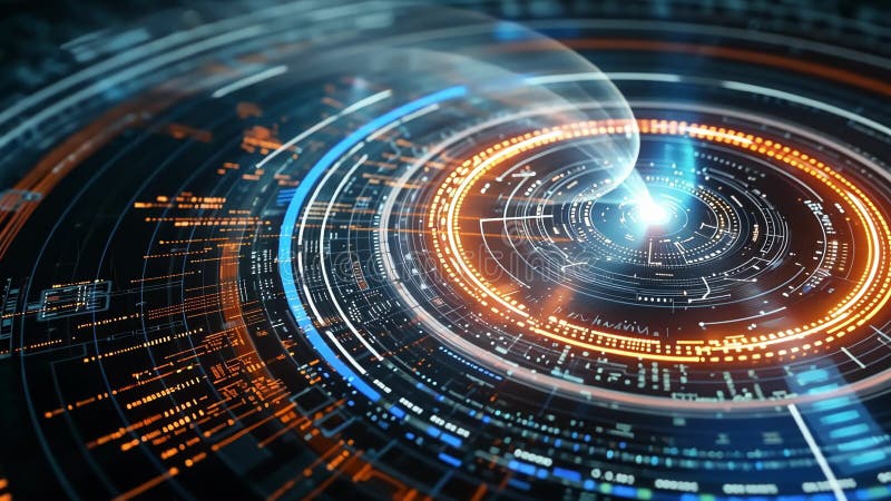 Futuristiskt tekniskt cirkulärt gränssnitt som visar dataanalys och databehandling royaltyfri illustrationer