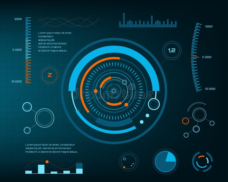 Futuro abstrato, interface de utilizador gráfica virtual azul futurista HUD do toque do vetor do conceito Para a Web, local, móve ilustração stock Futuro abstrato, interface de utilizador gráfica virtual azul futurista HUD do toque do vetor do conceito Para a Web, local, móve ilustração stock