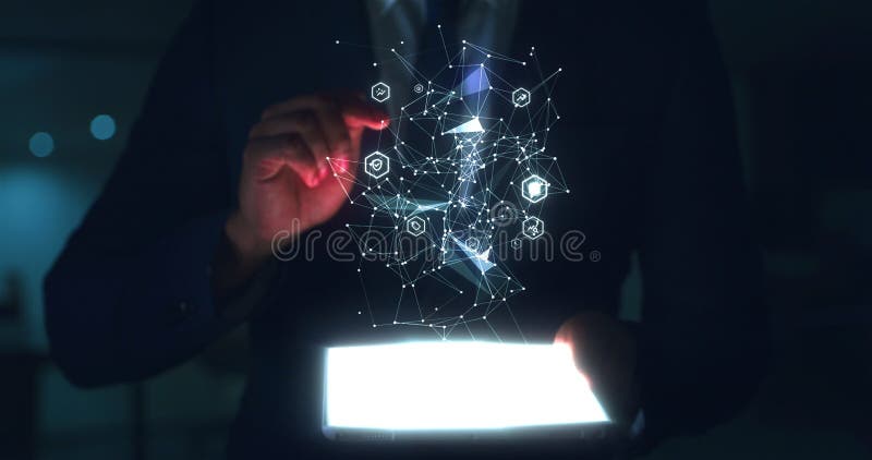 Futuro tablet e innovación con empresario y animación digital que muestra la conexión de red en una oficina oscura. 1. ª ai ilustración del vector