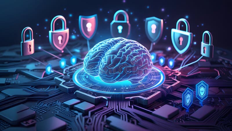 Futurystyczna koncepcja Cyberbezpieczeństwa z cyfrowym mózgiem obraz stock