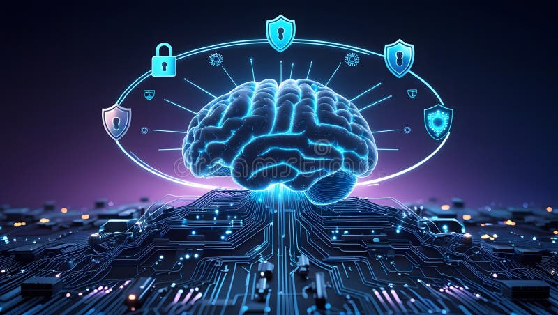 Futurystyczna koncepcja Cyberbezpieczeństwa z cyfrowym mózgiem zdjęcie royalty free