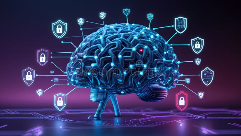 Futurystyczna koncepcja Cyberbezpieczeństwa z cyfrowym mózgiem zdjęcie stock