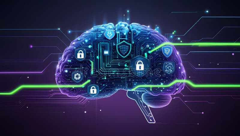 Futurystyczna koncepcja Cyberbezpieczeństwa z cyfrowym mózgiem zdjęcia royalty free