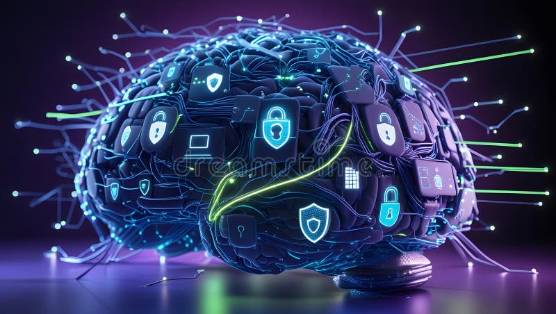 Futurystyczna koncepcja Cyberbezpieczeństwa z cyfrowym mózgiem obrazy stock
