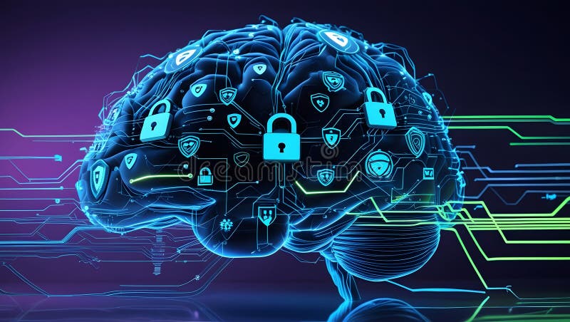 Futurystyczna koncepcja Cyberbezpieczeństwa z cyfrowym mózgiem obraz stock