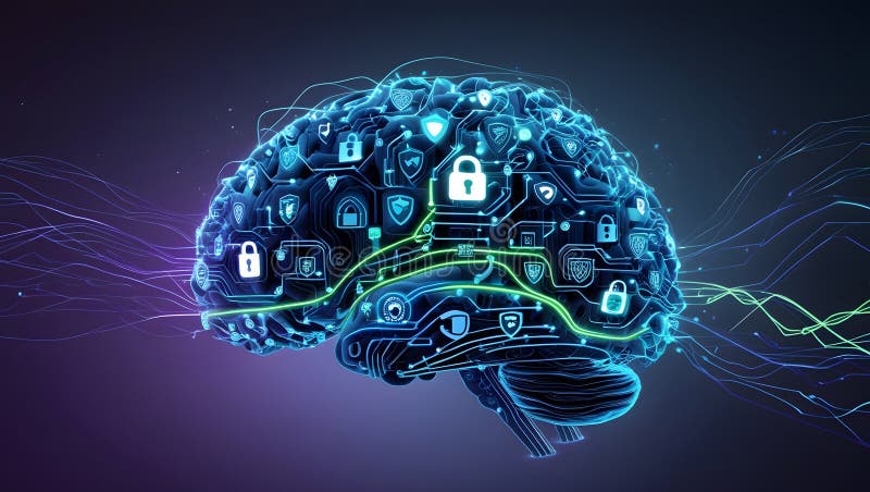 Futurystyczna koncepcja Cyberbezpieczeństwa z cyfrowym mózgiem zdjęcia royalty free
