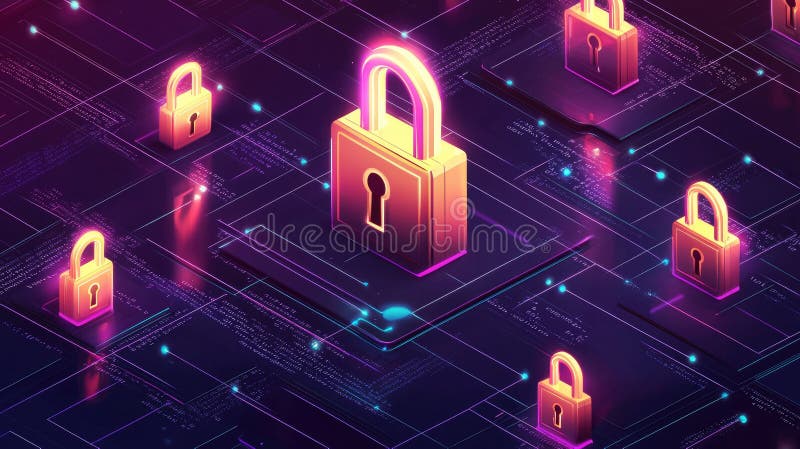 Futurystyczna koncepcja zabezpieczeń cyfrowych z neonowymi blokadami na tle binarnym reprezentującymi ochronę danych cyberbezpiecz zdjęcie royalty free