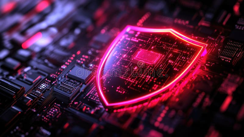 Futurystyczna tarcza bezpieczeństwa cybernetycznego na płytce obwodów sieciowych reprezentującej ochronę cyfrową zdjęcie stock