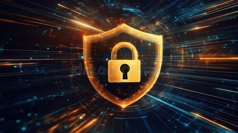 Futurystyczna tarcza cyberbezpieczeństwa i abstrakcyjna koncepcja cyfrowego zamka fotografia stock