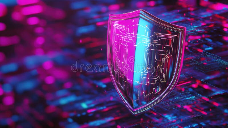 Futurystyczna tarcza cyberbezpieczeństwa na tle obwodów cyfrowych zdjęcia royalty free