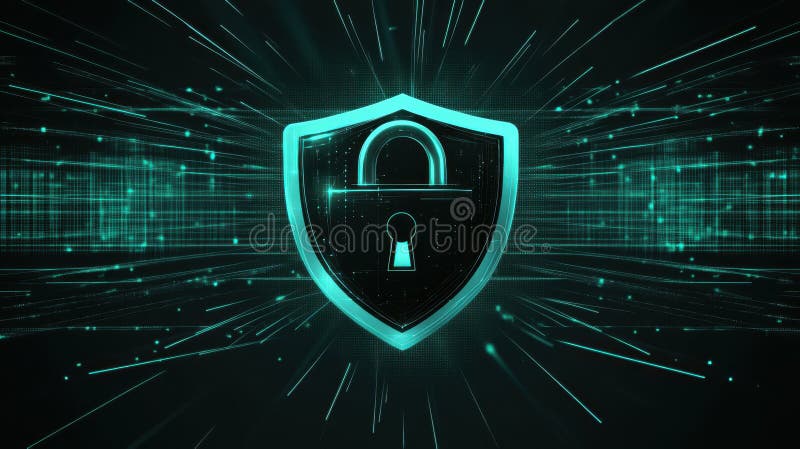 Futurystyczna tarcza cyberbezpieczeństwa z błyszczącymi liniami cyfrowymi zdjęcia royalty free