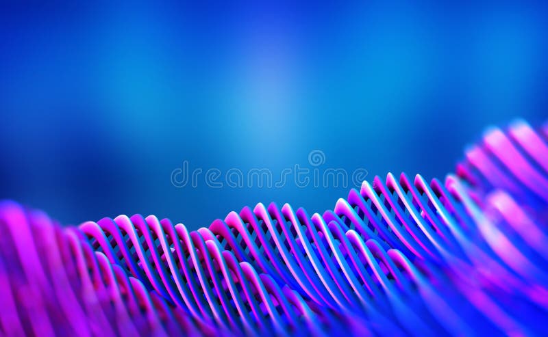 Futuristic abstract neon waves. Twisted lines with shallow depth of field. 3D illustration in purple and blue colors. Futuristic abstract neon waves. Twisted lines with shallow depth of field. 3D illustration in purple and blue colors