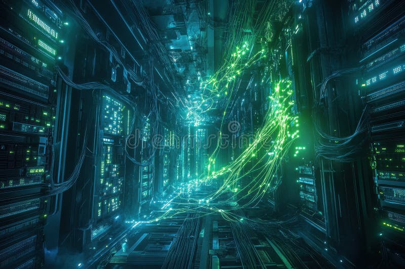 Futurystyczne centrum danych z neonowymi światłami i przewodami sieciowymi oświetlającymi ciemne korytarze zdjęcia stock