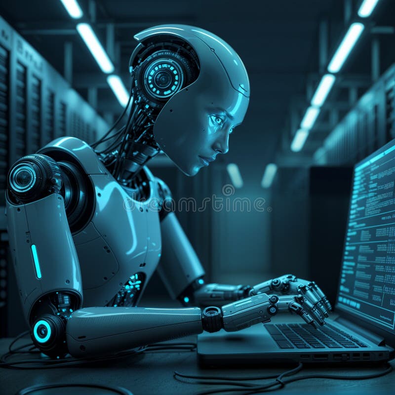 Futurystyczny Robot Analizujący Dane w Zaawansowanej Technologicznie Serwerowni royalty ilustracja