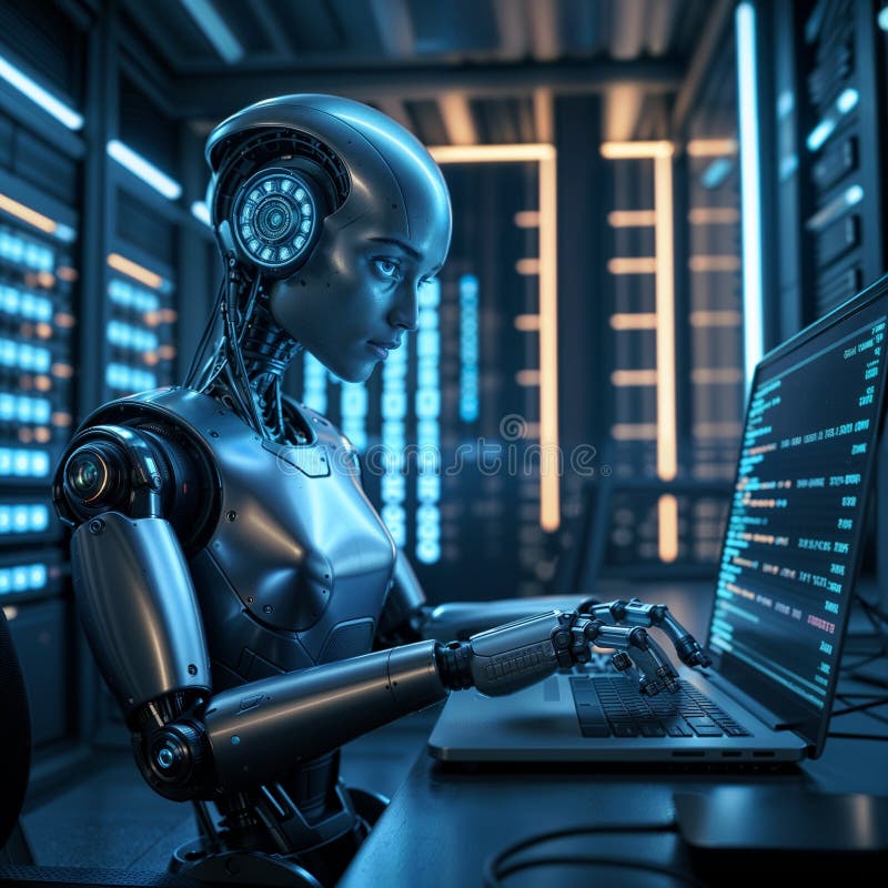 Futurystyczny Robot Analizujący Dane w Zaawansowanej Technologicznie Serwerowni ilustracji