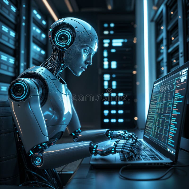 Futurystyczny robot analizujący dane w zaawansowanej technologicznie serwerowni ilustracja wektor