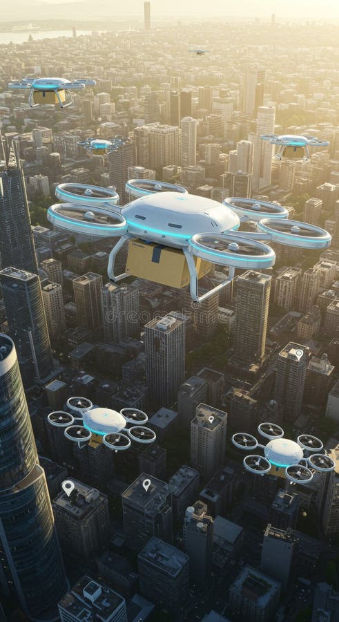 Futurystyczne dostawy dronów w mieście o wschodzie słońca. Wygenerowane przez interfejs Ai