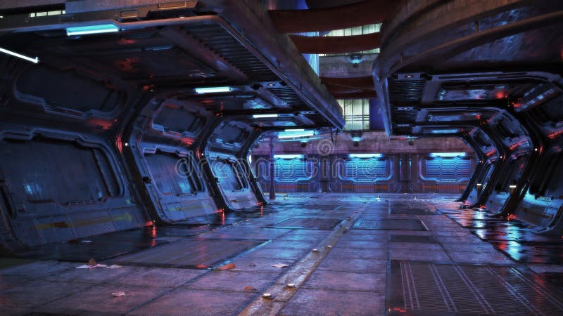 Futurystyczne plecy retro-miasta miejskiego rzucają korytarz science fiction z neonowymi akcentami