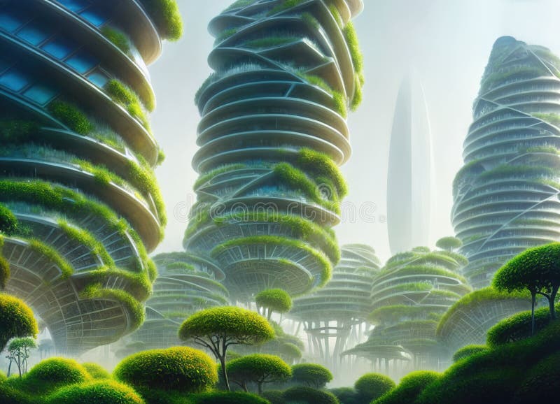 Futurystyczne, przyjazne dla środowiska, zielone miasto o zaawansowanej architekturze ilustracja wektor