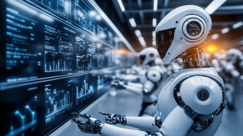 Futurystyczne roboty analizujące dane na dużym ekranie zdjęcia stock