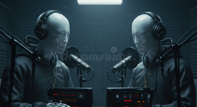 Futurystyczne roboty hostujące podcast w studiu nagrań typu high-tech ze słuchawkami i mikrofonami obraz royalty free