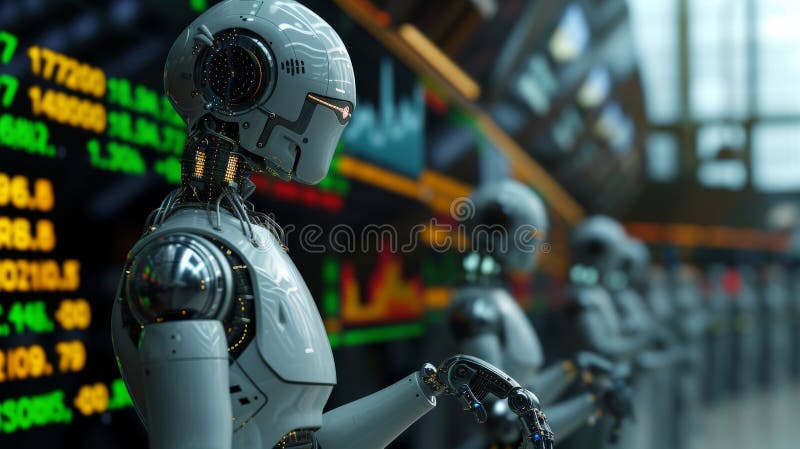 Futurystyczne roboty monitorujące rynek giełdowy zdjęcia stock