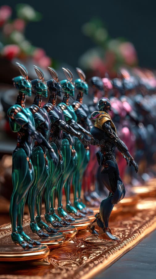 Futurystyczne roboty na Złotym Etapie Parada Sztucznej Inteligencji Androidy SciFi Wyświetlają Metaliczne Zielone Droidy obraz stock