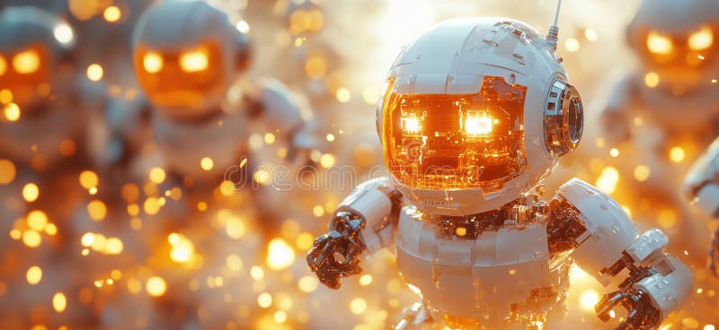 Futurystyczne roboty o błyszczących twarzach przechodzących przez iskry i efekty świetlne fotografia royalty free