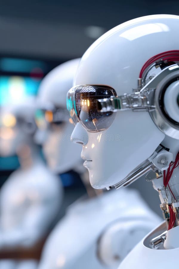 Futurystyczne roboty o cechach ludzkich i okularach słonecznych w środowisku nowoczesnym fotografia stock