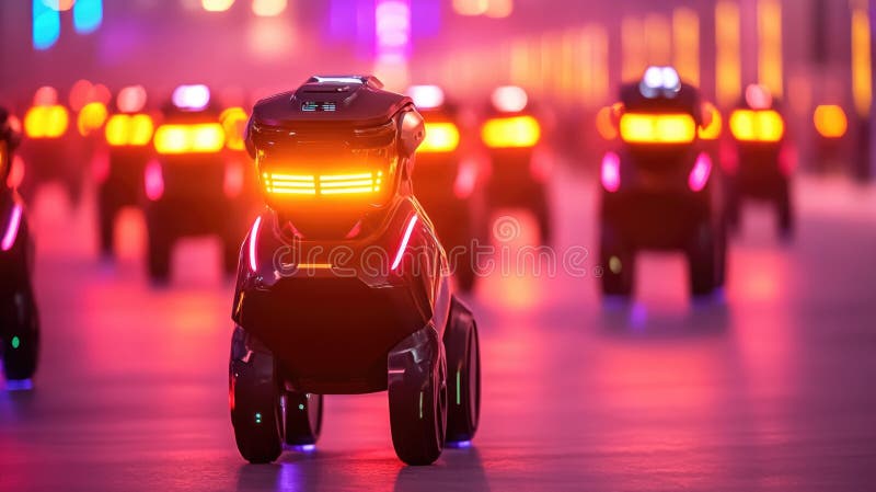 Futurystyczne roboty patrolujące w neonlit środowisku miejskim zdjęcie royalty free
