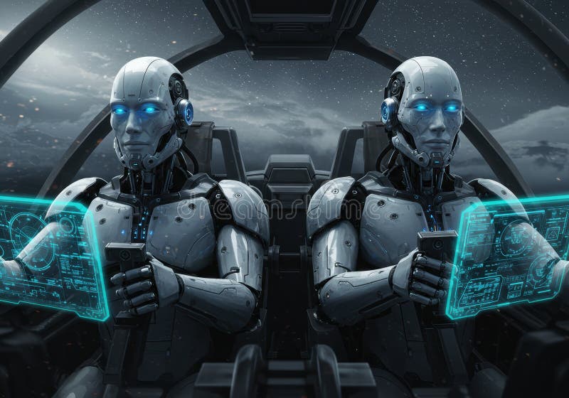 Futurystyczne roboty pilotujące statek kosmiczny z interfejsami high-tech w gwiazdowej scenie nocnej fotografia royalty free
