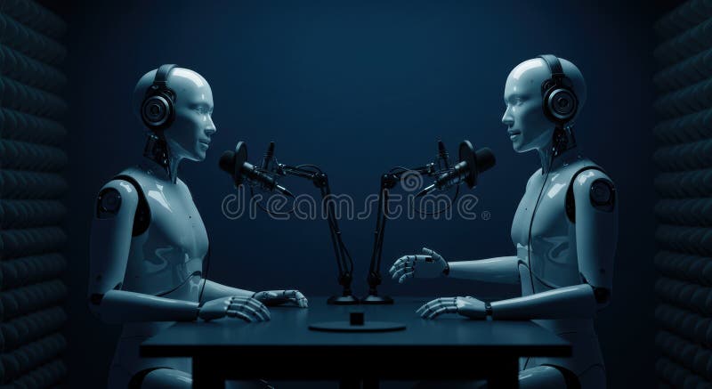 Futurystyczne roboty podcasting w ciemnym studio ze słuchawkami i mikrofonami zdjęcie royalty free