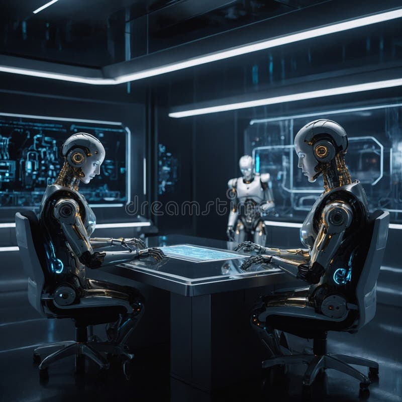 Futurystyczne roboty podczas spotkania w biurze fotografia royalty free