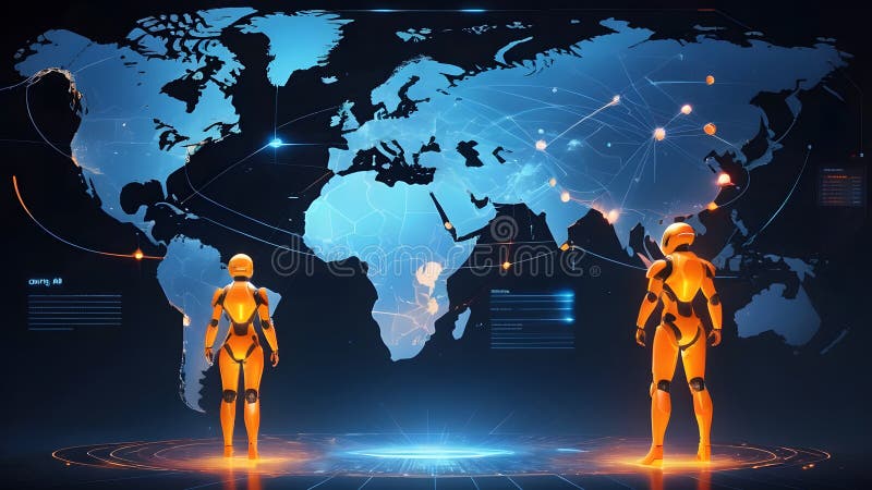 Futurystyczne roboty stojące przed cyfrową mapą świata przedstawiającą globalną łączność i technologię zdjęcie stock