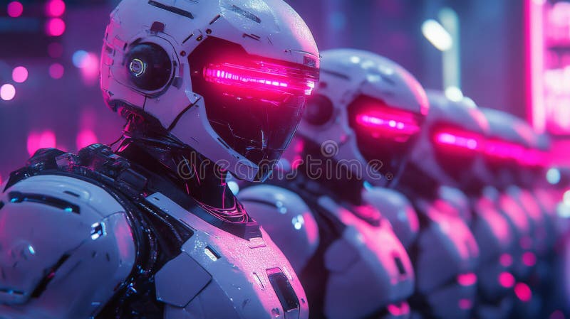 Futurystyczne roboty stojące w rzędzie z błyszczącymi osłonami zdjęcie royalty free