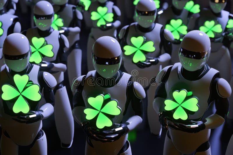 Futurystyczne roboty trzymające świecące szamaki : nowoczesna technologia przynosi szczęście obraz stock