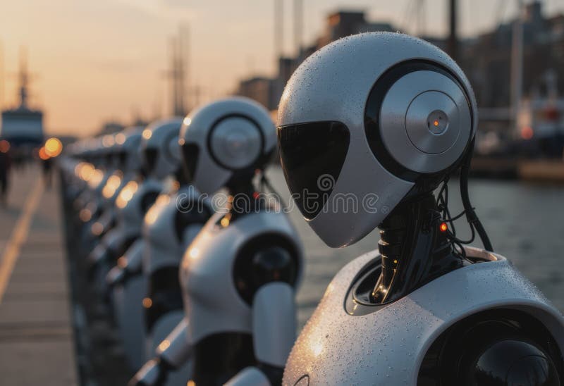 Futurystyczne roboty ustawiły się wzdłuż nabrzeża przy zachodzie słońca zdjęcie stock