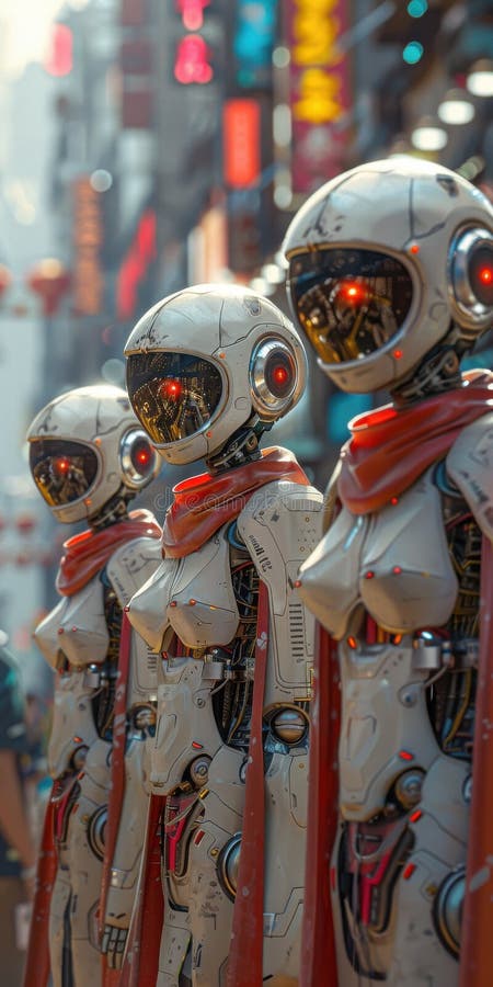 Futurystyczne roboty w cybermieście oświetlonym przez neon light prezentują zaawansowaną technologię obrazy stock