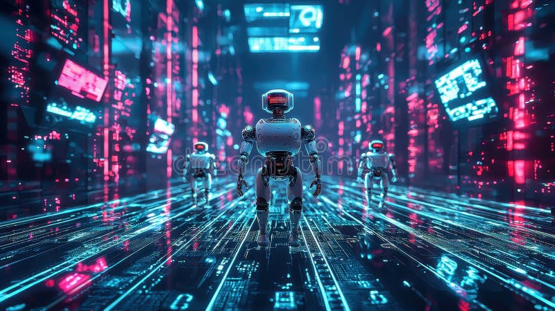 Futurystyczne roboty w cyfrowym wszechświecie neon cyber city 3d artystyczny widok szerokiego kąta widzenia otoczenia scifi zdjęcie stock