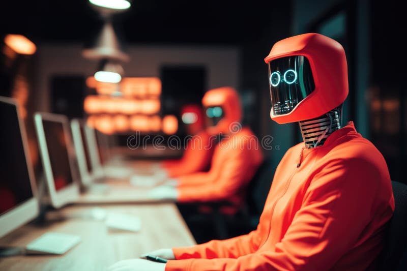 Futurystyczne roboty w czerwonych garniturach pracujące w komputerach w nowoczesnym biurze zdjęcie royalty free
