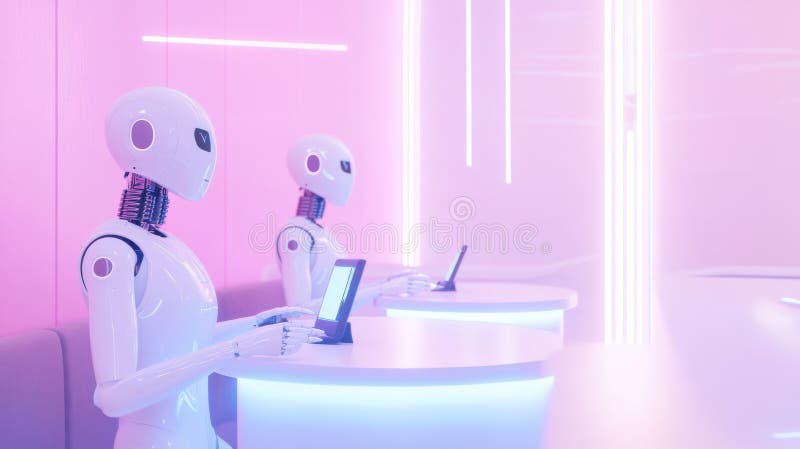 Futurystyczne roboty w neonowym środowisku pracujące nad cyfrowymi tabletami krajobraz miejski 3D zdjęcie royalty free