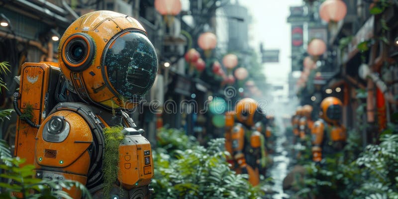 Futurystyczne roboty w uliczce miejskiej z tłem krajobrazowym obrazy stock