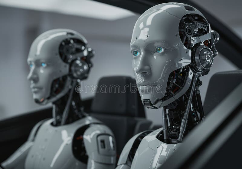 Futurystyczne roboty w wnętrzach samochodowych badające technologie ai zaawansowane zdjęcia royalty free