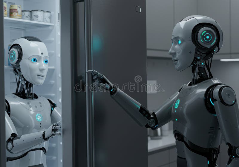 Futurystyczne roboty wchodzące w interakcję z inteligentną lodówką w nowoczesnej kuchni zdjęcia royalty free