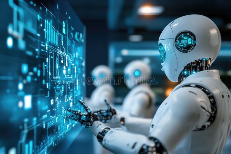 Futurystyczne roboty wchodzące w interakcję z zaawansowanym interfejsem cyfrowym w środowisku zaawansowanych technologii fotografia stock